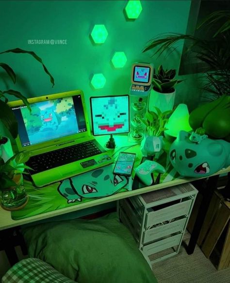 Geeky Room Decor, Pc Gaming Setup Black And Green, Pokemon Interior Design, Pokemon Game Room, Pokemon Gaming Setup, Pokemon Setup, Green Gamer Room, Green Gamer Aesthetic, Bedroom Ideas Gamer