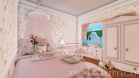 Pink Bloxburg Bedroom Ideas, Princess Room Bloxburg, Coquette Living Room Bloxburg, Bloxburg Princess Bedroom, Coquette Room Bloxburg, Bloxburg Pink Bedroom, Pink Bloxburg Room, Kawaii Bloxburg House, Bloxburg Pink House