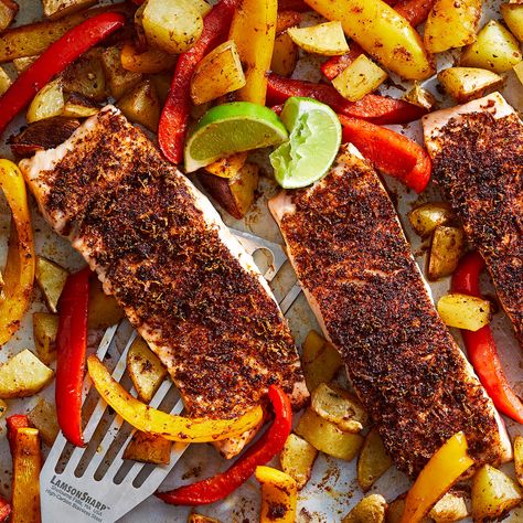 Sheet-Pan Chili-Lime Salmon with Potatoes & Peppers Salmon With Potatoes, Salmon Dinners, Chili Lime Salmon, Protein Dinners, Pan Salmon, Winter Dinners, Fall Dinners, Diet Dinner, Lime Salmon