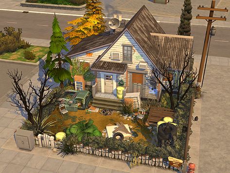 Sims 4 Crackhouse, Sims Lot Ideas, Rundown House, Sims 4 Shack House, Sims 4 House Unfurnished, Sims 4 Houses Unfurnished, Sims 4 Stores Retail, Sims 4 Industrial House Exterior, Sims 4 No Cc House