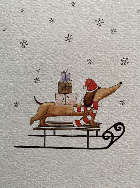 Christmas Card Inspo Drawing, Daschund Christmas Card, Christmas Dog Watercolor, Daschund Watercolour, Christmas Dog Painting, Dog Christmas Drawing, Aquarelle Christmas Card, Sled Drawing, Christmas Card Aquarell