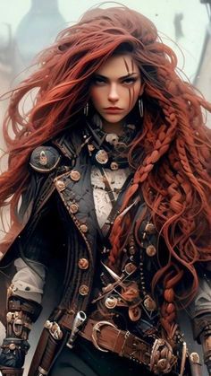 Pirate Captain Woman, Pirate Captain Female, Steampunk Female Art, Steampunk Pirate Female, Redhead Pirate, Female Pirate Aesthetic, Steampunk Viking, Pirate Witch, Female Pirates