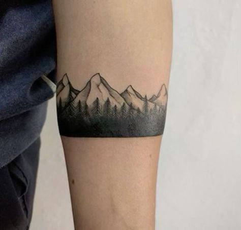 Cover Up Band Tattoo, Wrist Cover Tattoo Men, Mountain Coverup Tattoo, Armband Coverup Tattoo, Horizontal Tattoo Coverup, Cover Tattoo Ideas For Men, Mountain Tattoo Band, Cover Up Wrist Tattoo For Men, Cover Up Tattoos For Men Wrist