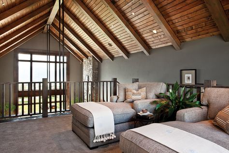 Upstairs Loft Space with Chaise Lounges                                                                                                                                                     More Open Loft Ideas Upstairs Bedroom, Upstairs Loft Bedroom, Open Loft Bedroom, Loft Den Ideas, Cabin Loft Ideas Upstairs, Upstairs Loft Ideas Living Areas Cozy, Loft Rooms Upstairs, Farmhouse Loft Ideas Upstairs, Loft Addition Ideas