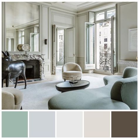 Avenue Montaigne, Paris Apartment by Joseph Dirand (b1974). French-based Dirand’s colour palette revolves around soft greys, off-white, and greyed beige hues at a similar tonal level. Accent colours include soft khaki green, soft gold and greyed purple. Dirand’s colour palettes are lighter for residential projects and more saturated for commercial hospitality projects, often enlivened by black and metallic details. Colour palette by @zena_oconnor using an image from Joseph Dirand.#... French Country Color Palette, Provincial Bedroom, Kitchen Cabinets Color Combination, French Country Colors, Joseph Dirand, Architecture School, Miller Homes, Design Palette, Grey Color Palette