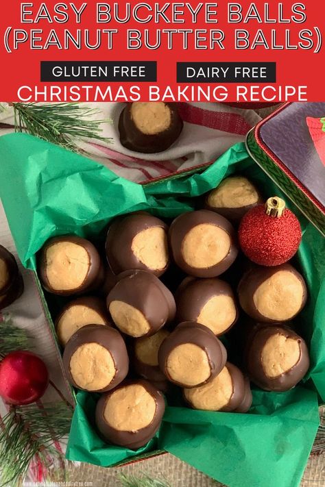 Learn how to make the best buckeye balls for Christmas. Christmas baking recipe that's gluten free and dairy free too. Easy buckeye recipe. Gluten free buckeyes. Dairy Free buckeyes. Gluten Free Goodies, Gluten Dairy Free Christmas Treats, Dairy Free Candy, Gluten Free Christmas Treats Easy, Easy Christmas Desserts Gluten Free, Dairy Free Christmas, Christmas Desserts Dairy Free, Gluten Free Buckeyes, Gluten And Dairy Free Christmas Recipes