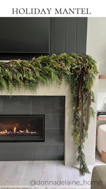 Ribbon On Mantel Garland, Moody Christmas Decor Ideas, Christmas Garland With Ribbon, Velvet Christmas Decor, Mantel Greenery, Fireplace Garland Christmas, Garland On Mantle, Christmas Salon, Mini Pinecones