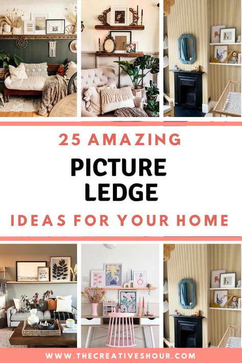 Discover picture ledge ideas to display your art and photos. These stylish solutions will transform your walls into stunning focal points. Photos On Ledge Shelf, Photo Shelf Display Living Room, Small Picture Ledge Layout, Picture Ledge Ideas Hallway, Gallery Shelf Ideas, Living Room Picture Shelf, Boho Picture Ledge, Picture Ledge In Bathroom, Layering Pictures On Shelf