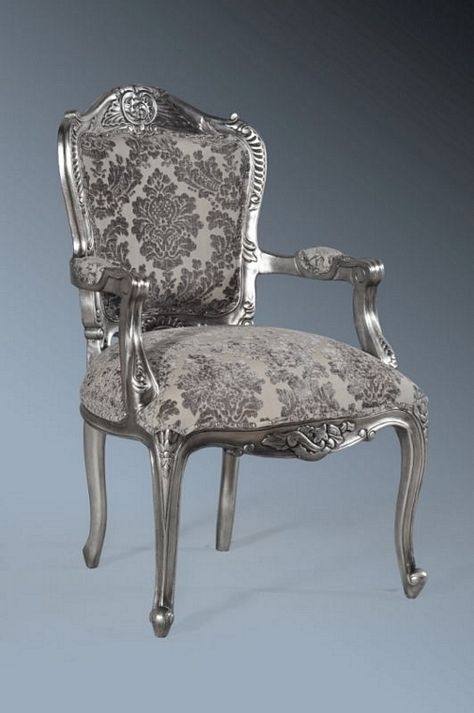 The Grand Louis Chair - Antique Silver & Grey Damask Velvet from www.chateau.co.uk Louis Chairs, Antique Dining Chairs, Baroque Decor, Vintage Couch, Silver Furniture, French Country Living Room, French Chairs, Antique Cabinets, Antique Chairs