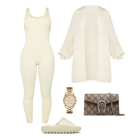 #outfit #outfitideas #outfitplan #jumpsuit #chunkyknit #gucci #yeezy #sliders #beigeaesthetic #beigetrends #beigeoutfit #beigelook Beige Jumpsuit Outfit, Jumpsuit Outfit Winter, Jumper Suit, Beige Jumpsuit, Brown Jumpsuits, Fall School, Cute Outfits With Jeans, School Fit, Beige Outfit