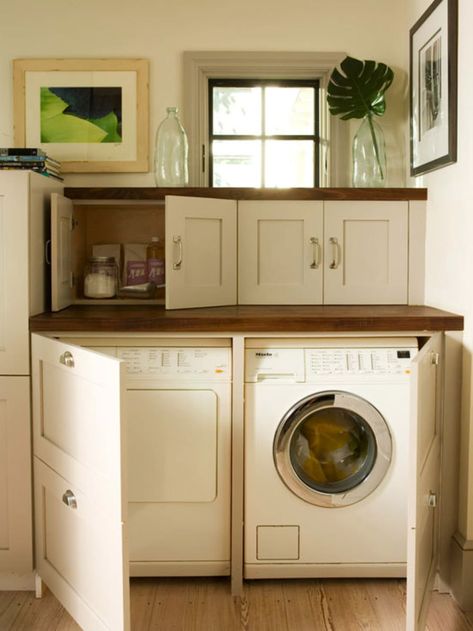 Laundry Rooms So Lovely That You (Really!) Wouldn’t Mind Spending Time in Them | Apartment Therapy Diy Lavanderia, Laundry Room Storage Shelves, Hidden Laundry, Small Laundry Room Organization, Room Storage Diy, Stackable Washer And Dryer, Laundry Closet, Laundry Decor, Laundry Room Diy