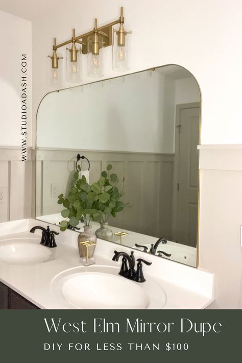 Builders Grade Bathroom Mirror Update, Trim Around Bathroom Mirror Gold, Long Mirror Bathroom Vanity, Bathroom Builder Grade Mirror, Master Bath One Big Mirror, Diy Gold Bathroom Mirror Frame, Trim Around Large Bathroom Mirror, Arched Bathroom Mirrors, Sheet Mirror In Bathroom