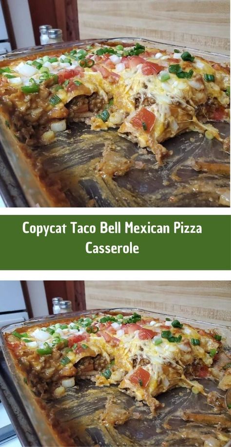 Make Taco Bell’s Mexican Pizza recipe right at home! Ingredients include a three-cheese blend, enchilada sauce, and a replica of their beef seasoning mix! Mexican Pizza Casserole, Copycat Taco Bell Mexican Pizza, Taco Bell Pizza, Beef Seasoning, Nacho Sauce, Taco Pizza Recipes, Copycat Taco Bell, Mexican Pizza Recipe, Taco Bell Mexican Pizza