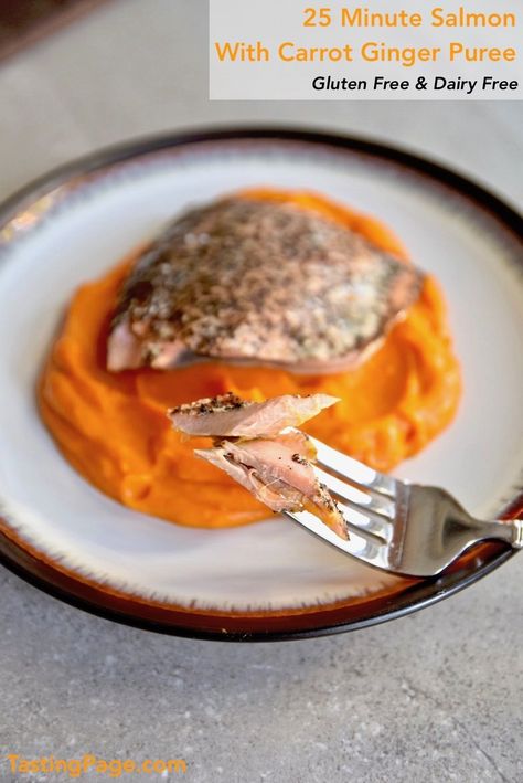 25 Minute Salmon with Carrot Ginger Puree Carrot Ginger Puree, Gluten Free Dairy Free Lunch, Fish Lunch, Convenient Dinner, Carrot Puree, Dairy Free Lunch, Lobster Dinner, Oven Baked Salmon, Healthiest Seafood