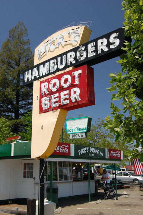 Pick's Drive In | Cloverdale, California Cloverdale California, Old Neon Signs, Roadside Signs, Roadside America, Retro Signage, Diner Sign, Vintage Signage, Vanilla Shake, Ghost Signs