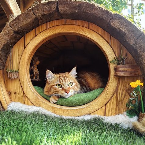 The Hobbit Home Cat Bed is a cozy, hobbit-inspired retreat for your feline friend. With its rounded design, faux grass roof, and a circular entrance, it mimics a charming hobbit house. The plush interior provides comfort, making it the perfect hideaway for your cat to curl up and relax. Hobbit Cat House, Circular Entrance, Antique Diy, Fantasy Room, Hobbit Home, Cardboard Cat House, Pet Teepee, Grass Roof, Cardboard Cat