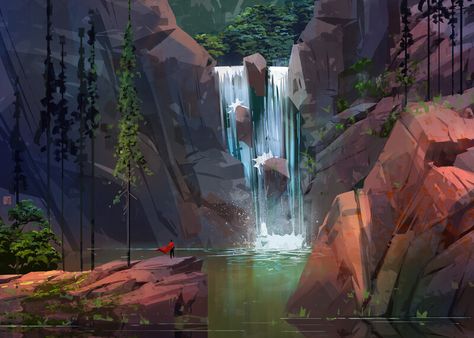 ArtStation - waterfall Waterfall Drawing, Sketchbook Challenge, Waterfall Paintings, Space Phone Wallpaper, Waterfall Landscape, Fantasy Background, Alien Planet, Alien Concept Art, Forest Theme