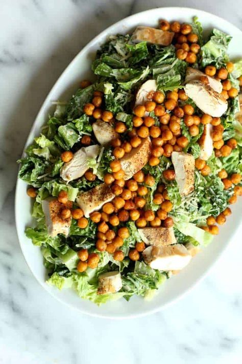 Chickpea Croutons, Roasted Garlic Dressing, Garlicky Kale, Chicken Chickpea, Chicken Caesar Pasta Salad, Healthy Entrees, Chicken Caesar, Chicken Caesar Salad, Crispy Chickpeas