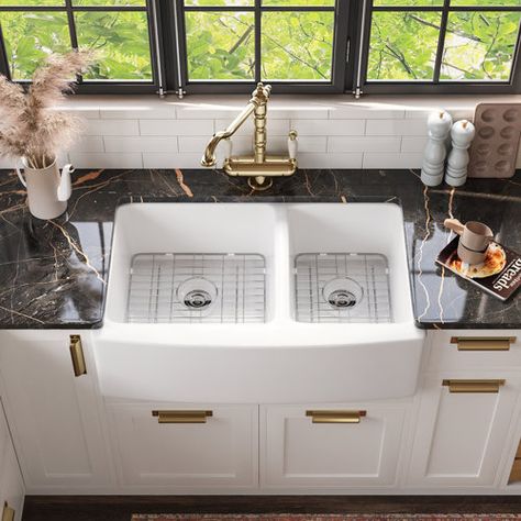 30 “ Farmhouse Sink | Wayfair White Ceramic Kitchen Sink, Soap Dispenser Kitchen Sink, Double Basin Kitchen Sink, Farmers Sink, Ceramic Kitchen Sinks, Farmhouse Kitchen Sink, Apron Sink Kitchen, Farmhouse Apron, Apron Sink