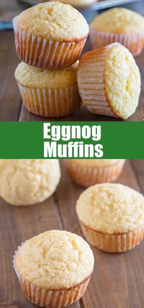 Eggnog Muffins - Eggnog adds tons of flavor to these tender muffins. Super quick and easy, and they freeze really well! Egg Nog Muffins Recipe, Holiday Mini Muffins, Eggnog Cupcakes Recipe, Leftover Eggnog Recipes, Eggnog Breakfast Recipes, Easy Christmas Muffins, Christmas Mini Muffins, Egg Nog Muffins, Eggnog Muffins Recipe