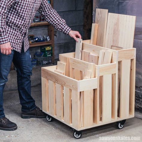 Maximize your workshop space with this small DIY lumber cart. Say goodbye to piles of wood and hello to organization with these step-by-step plans! Diy Air Compressor, Air Compressor Cart, Diy Lumber Storage, Compressor Cart, Lumber Cart, Lumber Storage Rack, 2x4 Wood Projects, Wood Cart, Lumber Rack