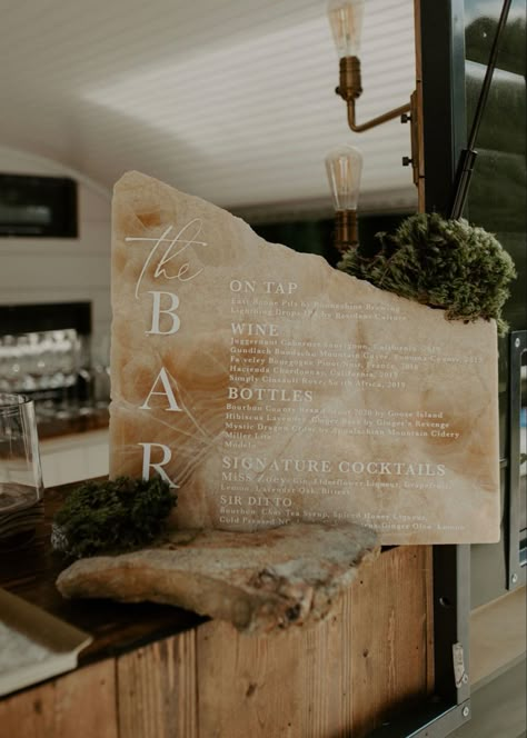 For the organic couple. Rock pieces sourced from the dumpster of a local countertop company. Understood The Assignment, A Walk In The Woods, Event Signage, Future Wedding Plans, Wedding 2024, Bar Menu, Walk In The Woods, Wedding Mood Board, Bar Sign