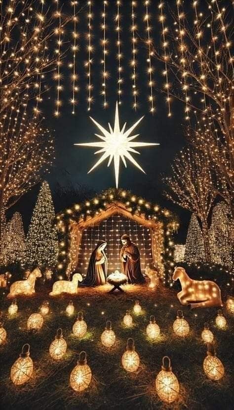 Nativity Yard Display, School Christmas Decorations Outdoor, Christmas Crib Ideas Outdoor, Nativity Scene Outdoor Yard Decorations, Christian Christmas Outdoor Decorations, Traditional Outdoor Christmas Lights, Nativity Stage Set, O Holy Night Christmas Decor, Christmas Cantata Ideas