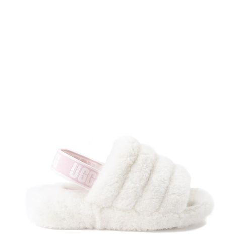 Womens UGG® Fluff Yeah Slide Sandal - White | Journeys Uggs Slides, Ugg Boots With Bows, Shoe Aesthetic, Cute Uggs, Girl Uggs, Fluff Yeah Slide, Grey Ugg Boots, Slippers Outfit, Ugg Boots Outfit