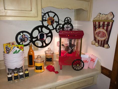 Home popcorn station Popcorn Organization, Popcorn Bar Home, Home Popcorn Station, Popcorn Machine In Home Decor, Popcorn Station Home, Popcorn Machine In Home, Movie Room Diy, Home Popcorn, Home Theatre Room Ideas