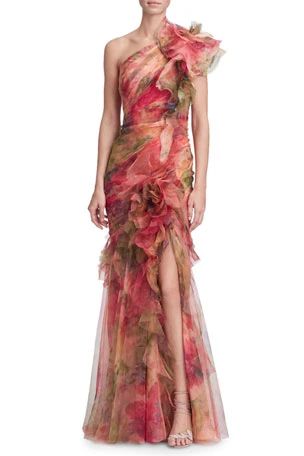 Marchesa Gowns, Organza Gown, Robes Glamour, Silk Evening Dress, Organza Gowns, Coral Print, Printed Gowns, Dresses Elegant, Chiffon Gown