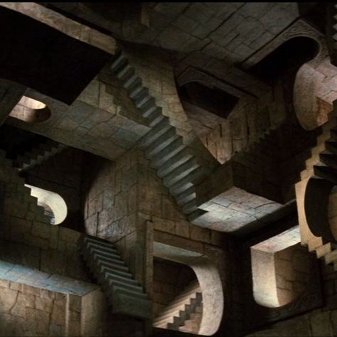 Labyrinth 1986 Aesthetic, Battle Of The Labyrinth Aesthetic, Penrose Staircase, Labyrinth Stairs, Labyrinth Collage, Labyrinth Ballroom Scene, Labrynth Movie Aesthetic, The Labyrinth Aesthetic, Greek Labyrinth