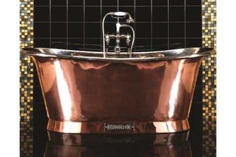 Chadder Royal Copper Bath, polished copper exterior with Nickel interior. Hand made in England. #copper #copperbath #copperbathtub #copperbathroom #copperbaths #chadder #chadderbaths #chadderandco #love #luxury #luxurybath #interior #design #interiordesign #decorex #decorex2016 #decorex2015 #tube #bathe #bath #tap #bathtap #faucet #nickel #baths #rolltop #rolltopbath #antiquebath #england #Uk Victorian Kitchens, Glamorous Bathroom Decor, Black And Gold Bathroom, Victorian Floor, Copper Bath, Copper Bathroom, Victorian Wall, Victorian Bathroom, Glazed Ceramic Tile