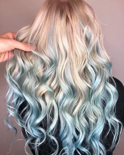 Platinum Blonde With Blue Highlights, Fun Color Ideas For Blondes, Color Under Blonde Hair, Platinum Blonde Hair With Blue Tips, Blonde Hair Dip Dyed, Blonde With Light Blue Highlights, Blue Tips Hair Blonde, Blond With Blue Highlights, Blue Balayage Blonde