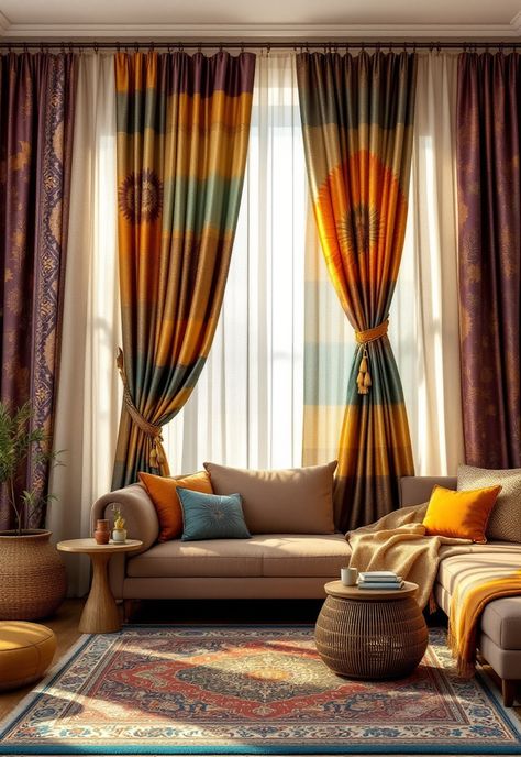 Boho Window Treatments Boho Window Treatments, Sari Curtains, Lace Window Treatments, Woven Blinds, Eclectic Fabric, Boho Window, Indian Saris, Lace Window, Boho Style Decor