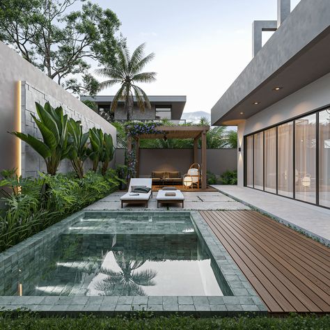 CGI HOUSE - SC AC :: Behance Pool House Designs, Villa Pool, Pool Landscape Design, Casa Exterior, House Outside Design, Bungalow House Design, Backyard Garden Design, Outdoor Decor Backyard, Small Backyard Pools