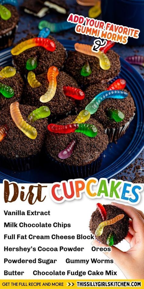 Starting with a boxed cake mix, these Dirt Cupcakes from This Silly Girls Kitchen are a fun and easy recipe that kids and adults enjoy. Super easy, minimal time and effort, and so tasty. With a chocolate cupcake, chocolate cream cheese frosting, Oreo crumbs, and gummy worms, these are pretty much any kid’s dream! Dirt Cupcakes, Oreo Dirt, Cupcake Chocolate, Chocolate Cream Cheese Frosting, Dirt Cake, Boxed Cake, Cupcake Bakery, Homemade Frosting, Chocolate Fudge Cake