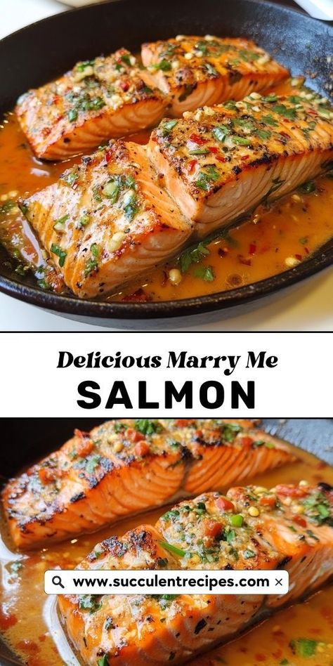 Fall head over heels for this Marry Me Salmon! The creamy, buttery sauce pairs perfectly with the salmon, creating a dish so delicious, it just might have you saying “I do” to more! Rum Glazed Salmon, Salmon Stakes Recipes, Wild Caught Salmon Recipes, Marry Me Salmon Recipe, Crockpot Salmon Recipes, Longhorn Salmon Recipe, Skin On Salmon Recipes, Atlantic Salmon Recipe, Salmon Head Recipe