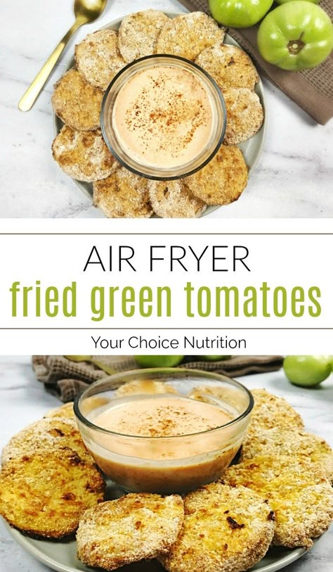 Indulge in a healthier version of this popular appetizer. Air Fryer Fried Green Tomatoes are crisp on the outside and juicy on the inside - perfect for dipping in ranch salsa! | recipe via www.yourchoicenutrition.com #yourchoicenutrition #dietitian #airfryer #friedgreentomatoes #greentomatoes #healthyrecipe #nutrition #appetizer #snack Healthier Fried Green Tomatoes, Air Fried Green Tomatoes Recipe, Easy Fried Green Tomatoes Air Fryer, Airfryer Fried Green Tomatoes, Healthy Fried Green Tomatoes, Healthy Green Tomato Recipes, Fried Green Tomatoes Recipe Air Fryer, Fried Green Tomatoes Air Fryer, Recipes For Green Tomatoes