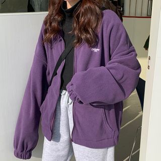 Buy Iduna Lettering Embroidered Fleece Zip Jacket at YesStyle.com! Quality products at remarkable prices. FREE Worldwide Shipping available! Estilo Harajuku, Harajuku Hoodie, Velvet Sweatshirt, Harajuku Women, Fluffy Jacket, Cozy Coats, Street Sweatshirt, Vintage Clothes Women, Outwear Women