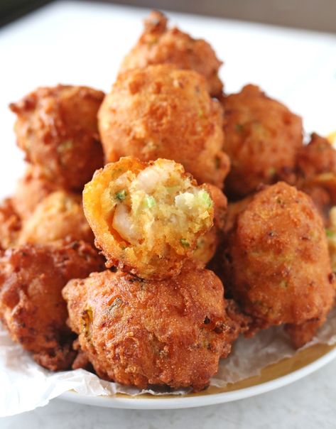 Shrimp Hushpuppies Shrimp Hush Puppies Recipe, Hushpuppies Recipe, Grilled Potato Salad, Hush Puppies Recipe, Baby Shrimp, Southern Food, Shrimp Dishes, Fried Shrimp, No Sugar Foods