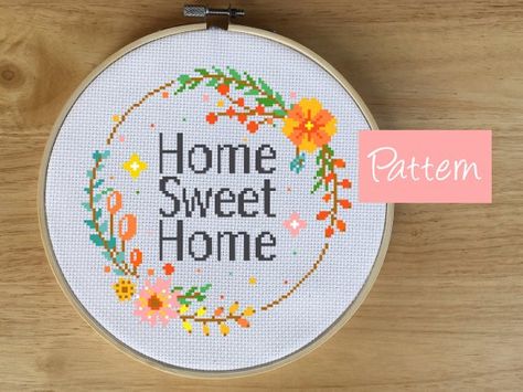 Home Sweet Home Cross Stitch, Home Cross Stitch Pattern, Home Cross Stitch, Pattern Quotes, Cross Stitch Thread, Nature Cross Stitch, Stitch Gift, Pola Kristik, Cross Stitch Samplers