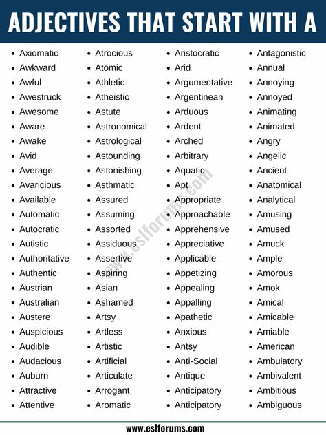 Adjectives that Start with A: List of 195 Adjectives Starting with A in English - ESL Forums Common Adjectives, Essay Writing Skills, Good Vocabulary Words, Good Vocabulary, English Writing Skills, Essay Writing Tips, Words To Use, Learn English Vocabulary, English Vocabulary Words Learning