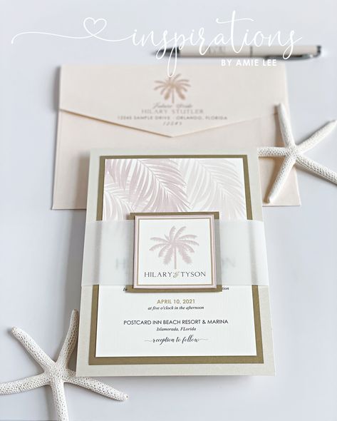 Wedding Invitations for your tropical beach paradise wedding! Formal Beach Wedding, Palm Tree Invitation, Wedding Invitations Destination, Palm Tree Wedding Invitations, Elegant Beach Wedding, Wedding Rose Gold, Gold Palm Tree, Paradise Wedding, Florida Keys Wedding