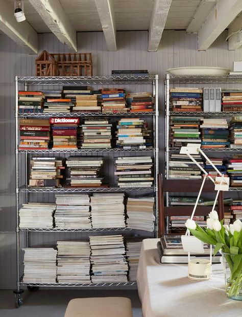 Basement office & studio of Tricia Foley -- Metro wire shelving units for books. Tricia Foley, Ikea Omar, Metro Shelving, Kallax Shelving, Nyc Rooms, Ikea Units, Basement Office, Holly House, Metal Bookshelf