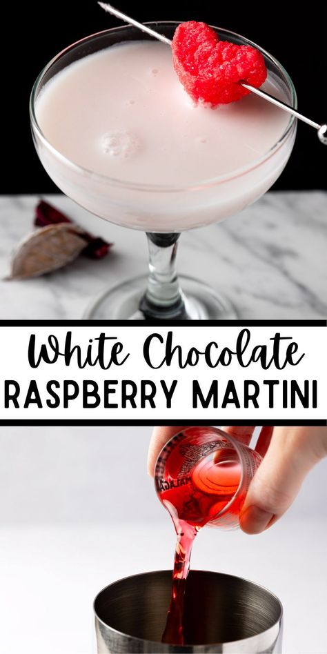 Raspberry White Chocolate Martini, White Chocolate Raspberry Martini, White Chocolate Cocktails, Dessert Martinis, Chocolate Raspberry Martini, Galentines Event, Raspberry Martini Recipe, Chocolate Martinis, Raspberry Martini