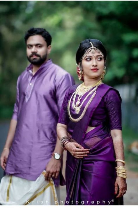 Wedding Sari Kerala Hindu, Kerala Saree With Maroon Blouse, Saree And Kurta Couple Photoshoot, Purple Wedding Saree Brides, Maroon Bridal Saree South Indian, Purple Bridal Saree, Purple Wedding Saree, South Indian Engagement Outfit, Kerala Hindu Bride