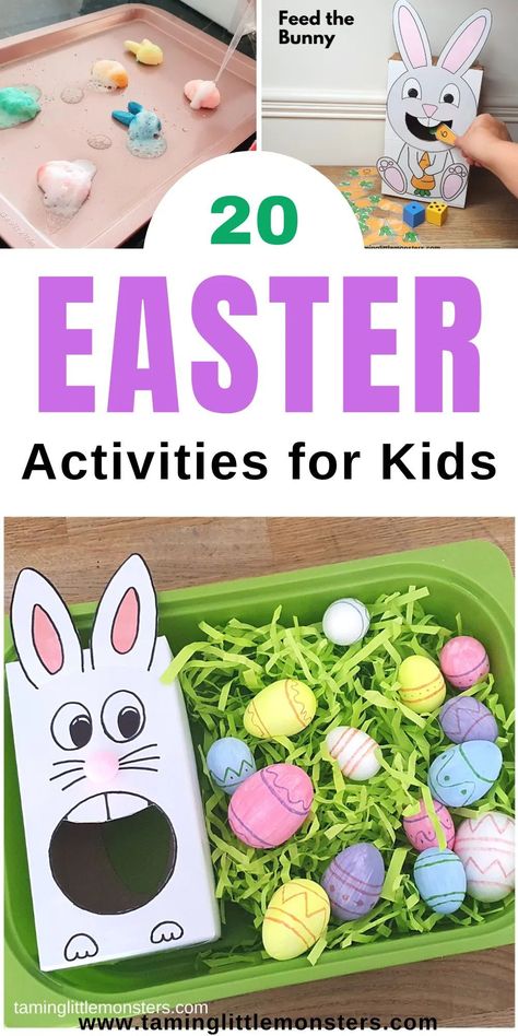 20 Easter Activities for Toddlers and Preschoolers. Fun Easter themed crafts, free printables and play activities for kids. #easter #artsandcrafts #playideas #toddler #preschool #kindergarten Easter Theme For Toddlers, Outdoor Easter Activities For Toddlers, Easter Cognitive Activities, Easter Games For Toddlers Outdoor, Easter Center Activities Preschool, Easter Activity For Toddlers, Easter Activities For Kids Preschool, Bunny Activities For Toddlers, Easter Crafts For Toddlers Preschool