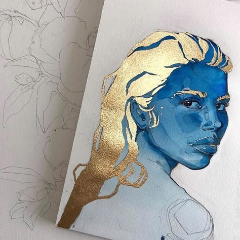 Charcoal Watercolor, Polina Bright, Gold Art Painting, Illustration Styles, Watercolor Pencil, Gold Leaf Art, Arte Sketchbook, Arte Inspo, Art And Illustration