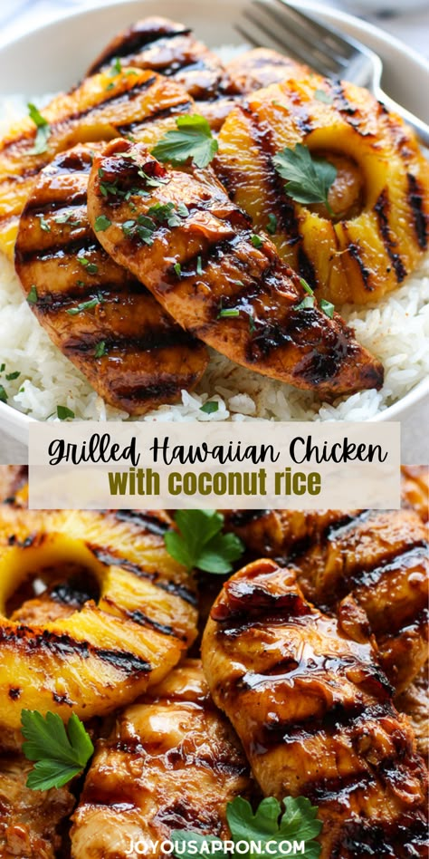 Grilled Hawaiian Chicken with Coconut Rice - easy and yummy grilling recipe for summer cookouts! Chicken tenderloins are marinated in a savory sweet sauce and grilled, then served with grilled pineapple and coconut rice. Lots of tropical flavors! Creamy Coconut Rice, Chicken With Coconut Rice, Recipe For Summer, Pineapple And Coconut, Hawaiian Chicken, Grilled Dinner, Chicken Tenderloins, Summer Cookouts, Grilled Pineapple