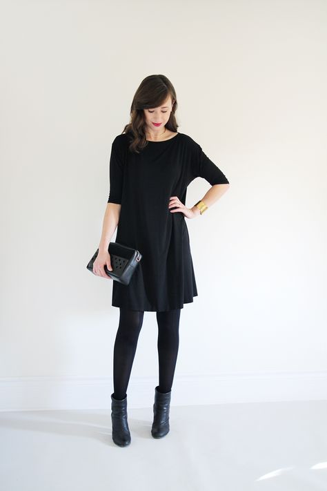 I want several dresses to wear with tights in Fall/Winter Work Tights Outfit, How To Wear Ankle Boots With A Dress Winter Black Tights, Grey Dress Outfit Fall, Long Sleeve Black Dress Outfit Casual, Dresses With Black Boots, Winter Shoes With Dresses, Shoes To Wear With Black Dress, Dresses With Short Boots, Black Dress With Leggings